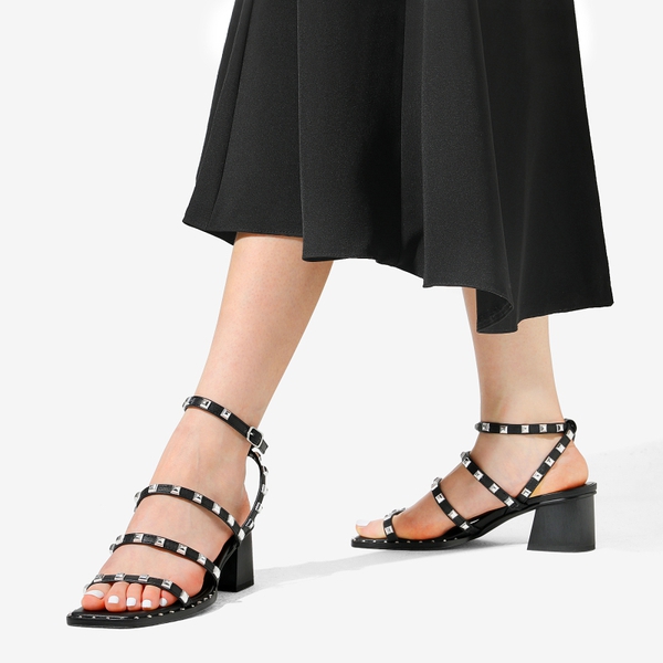Clear Rhinestone Strappy Chunky Heels - BLACK PU RIVET - 1